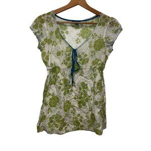 Y2K Lucky Brand Womens XS Green Floral V-Neck Cotton Blouse